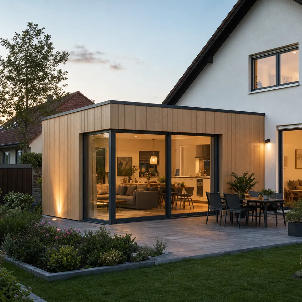 Anbau Fertighaus Kosten 2026 — moderner Holz-Anbau mit Glasfront am Bestandshaus