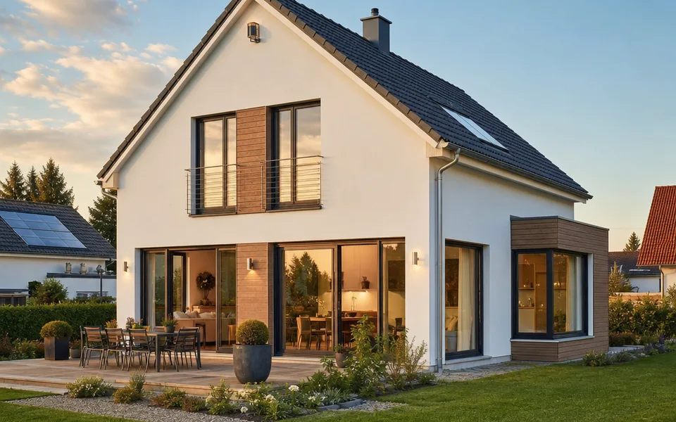 Einfamilienhaus Fertighaus 2026 mit Satteldach und Garten