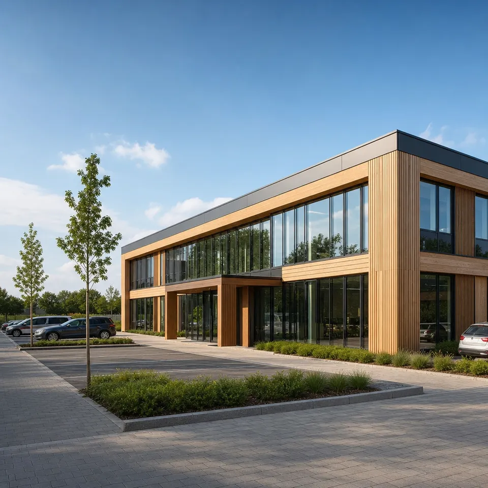 Gewerbe Fertigbau Preise 2026 — modernes Bürogebäude in Holz-Hybrid-Fertigbauweise
