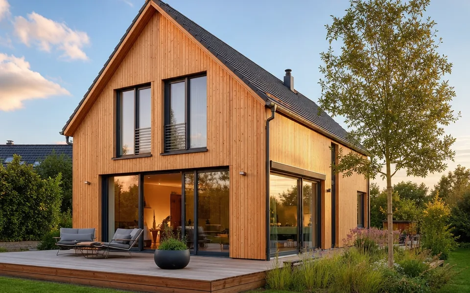 Holzhaus Fertighaus Kosten 2026 — modernes Holzhaus mit Holzfassade