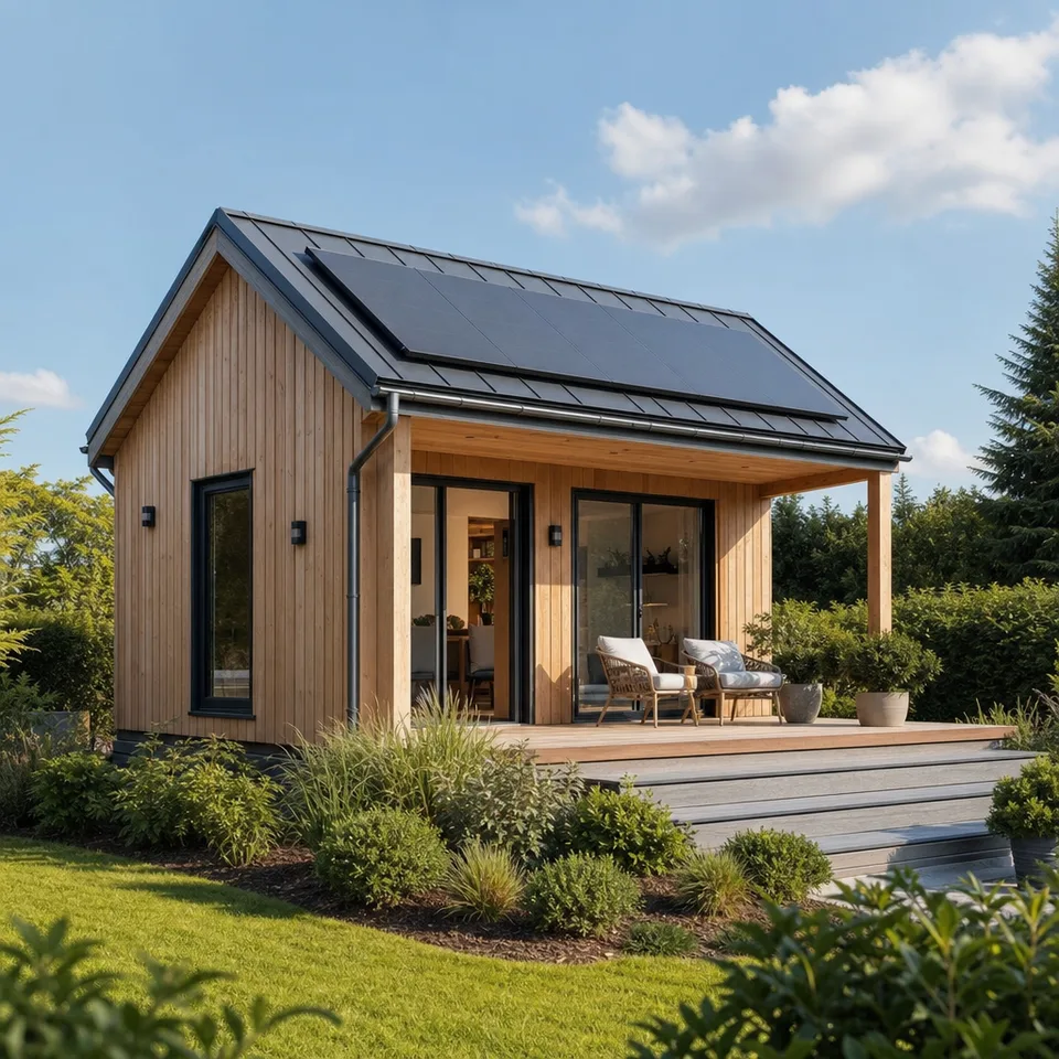 Tiny House Kosten 2026 — modernes Minihaus mit Holzfassade und Terrasse