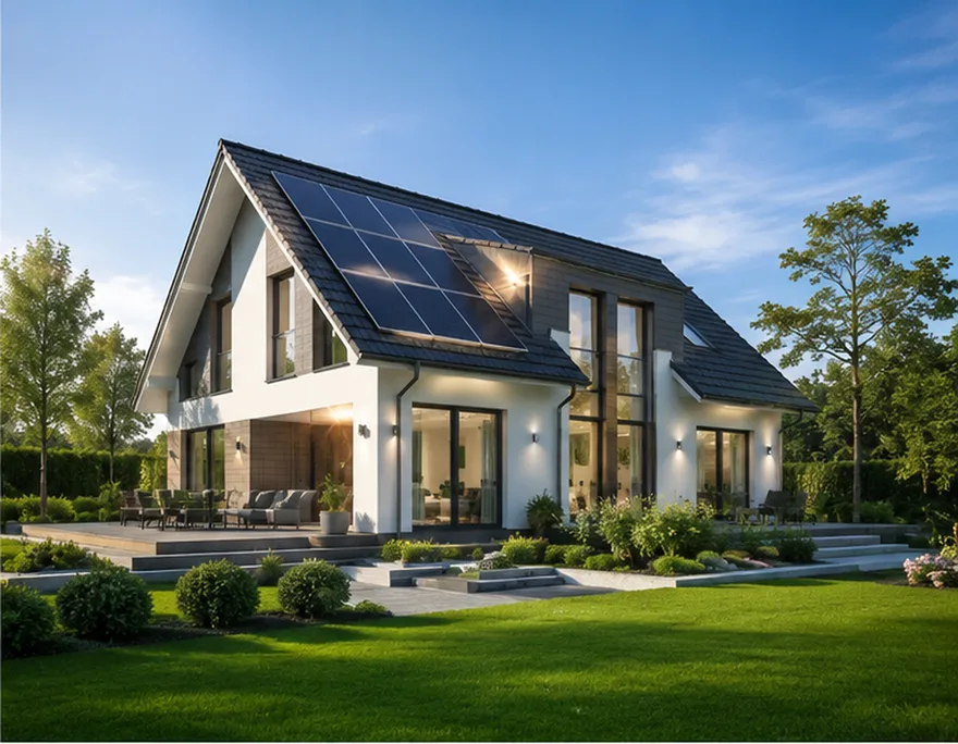 Modernes förderfähiges KfW-40-Fertighaus mit Satteldach, Photovoltaik und großem Garten in der Abendsonne