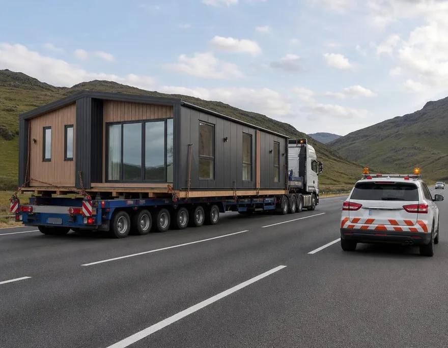 Modulhaus-Transport: Import-Fertighaus aus Litauen per Tieflader Fertiges Modulhaus aus dem Baltikum auf einem Tieflader beim Schwertransport zur Baustelle