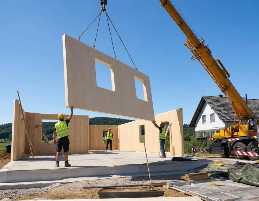 Montage in 1–3 Tagen: Fertighaus aus Polen auf der Baustelle Kran hebt vorgefertigtes Wandelement eines polnischen Fertighauses auf der Baustelle in Position