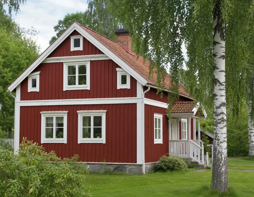 Schwedenhaus: Fertighaus aus Skandinavien nach DACH importieren Klassisches Schwedenhaus in Falunrot mit weißen Fensterrahmen und Satteldach — Import-Fertighaus aus Skandinavien