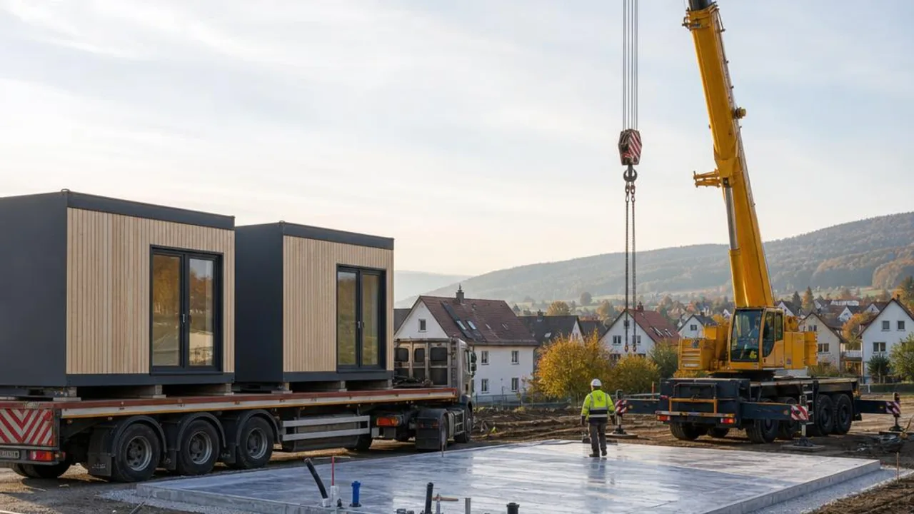 Modernes Raummodul-Haus aus litauischer Fertigung auf einer Baustelle in Deutschland
