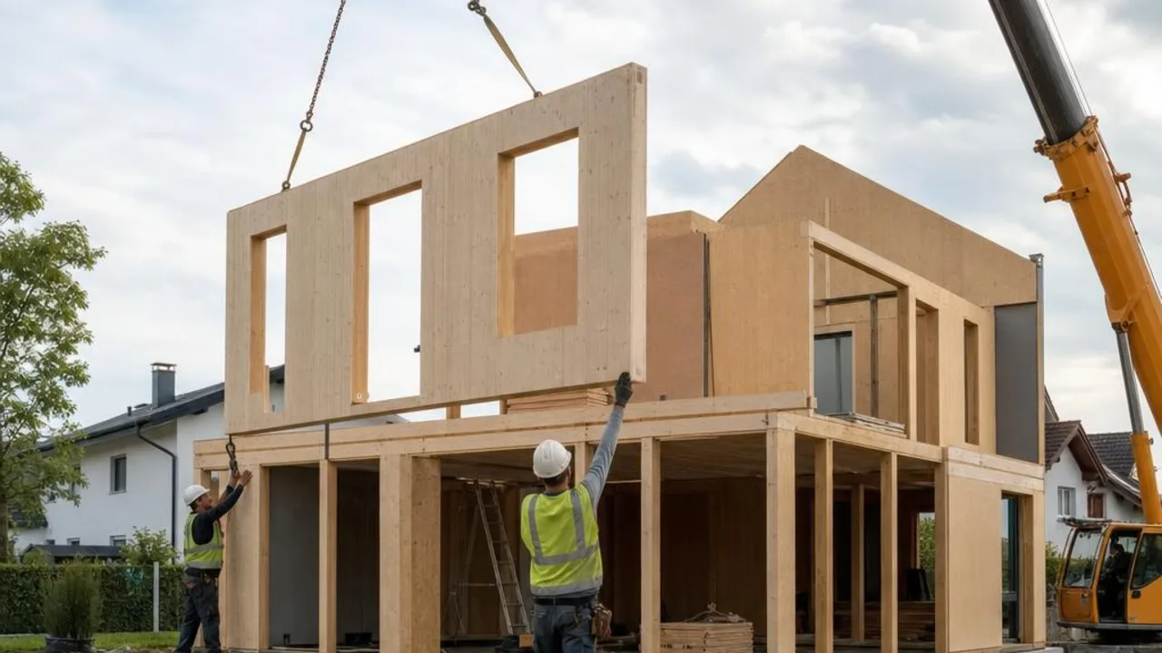 Ein vorgefertigtes Holzhauselement wird per Autokran auf eine Baustelle in Deutschland gehoben.