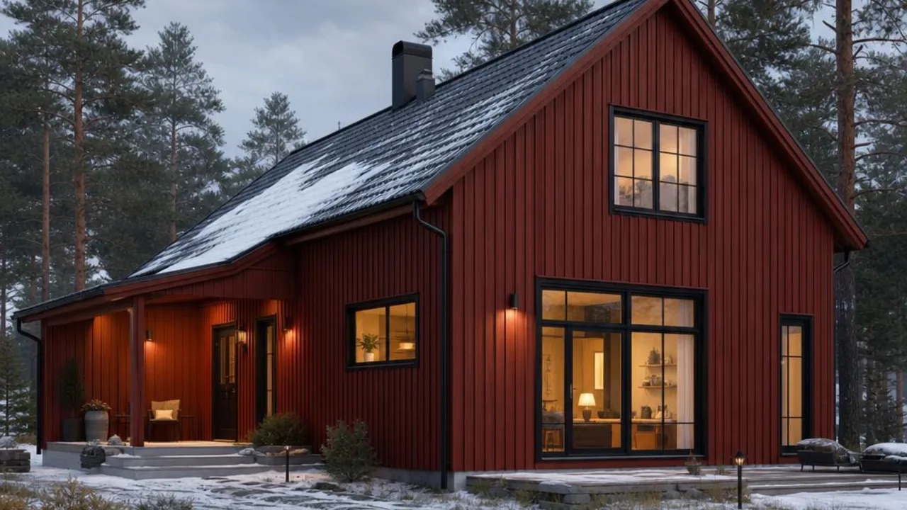 Modernes Holzhaus im nordischen Stil mit dunkler Holzfassade vor verschneiter Winterlandschaft.