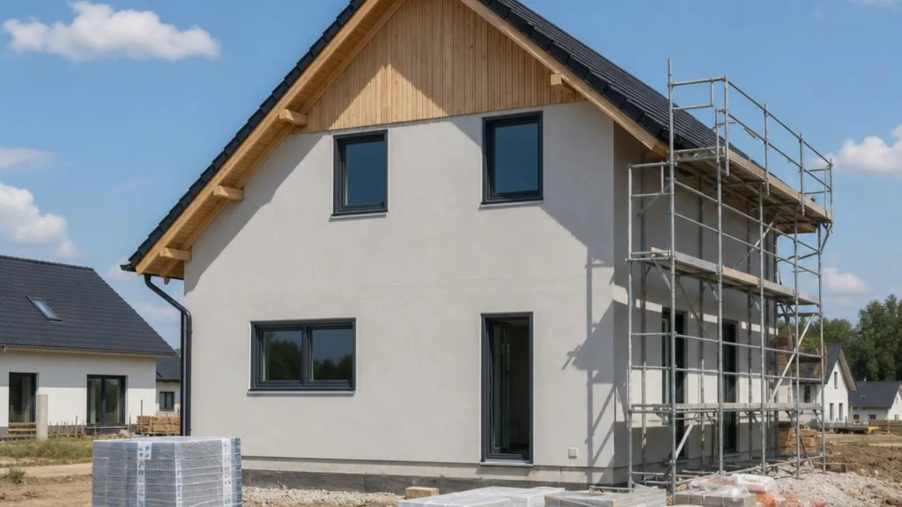 Vorgefertigte Holzrahmen-Elemente eines tschechischen Fertighauses werden auf einer Baustelle zum Rohbau aufgerichtet.