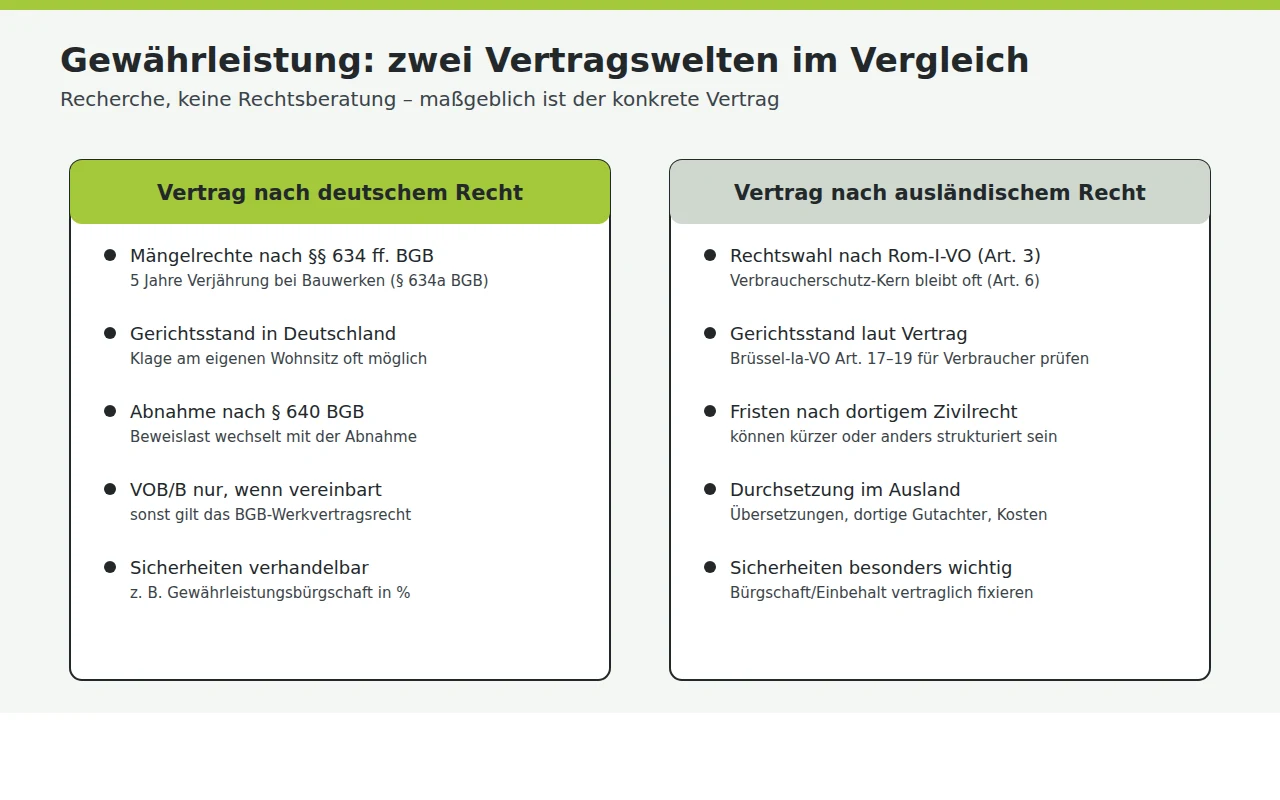 Schematische Gegenüberstellung der Gewährleistung nach deutschem Werkvertragsrecht und nach tschechischem Vertragsrecht beim Fertighaus-Import.