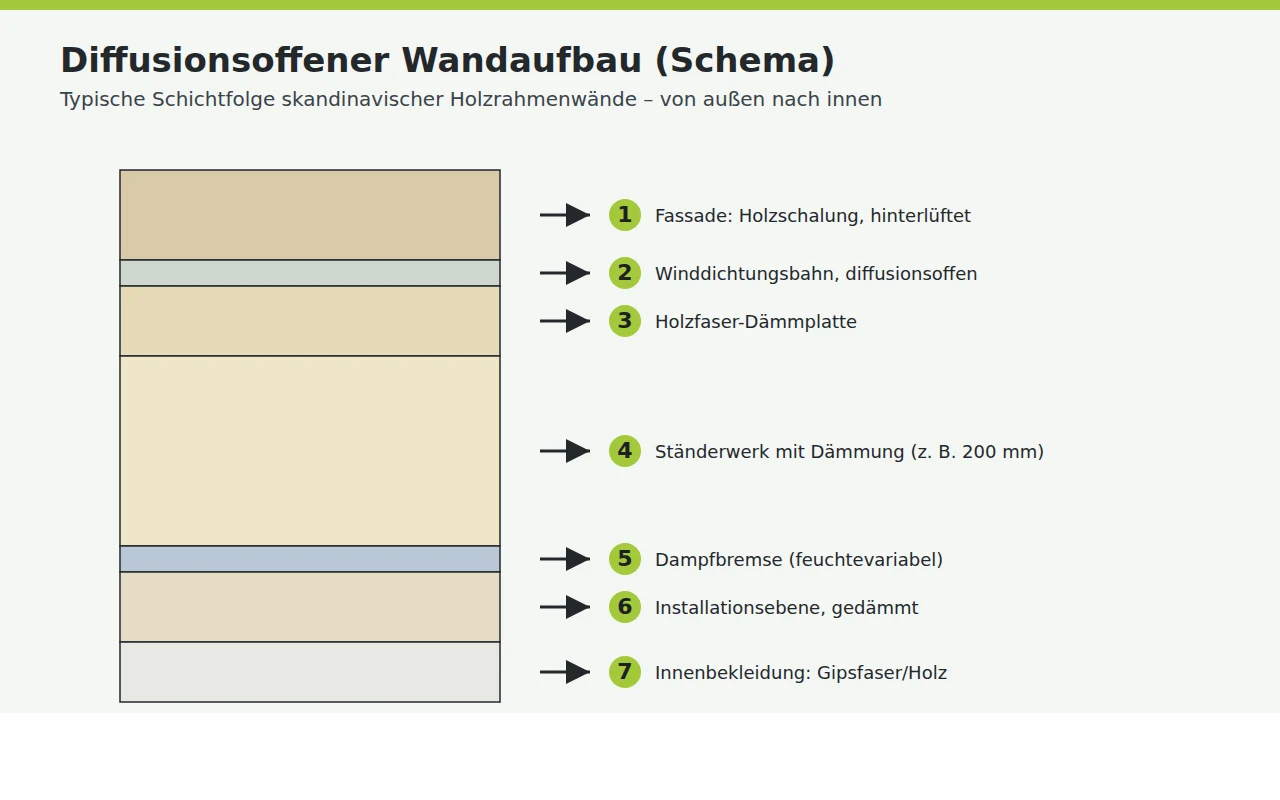 Schemazeichnung eines diffusionsoffenen Wandaufbaus mit Holzständerwerk, Holzfaserdämmung und Fassadenschalung.