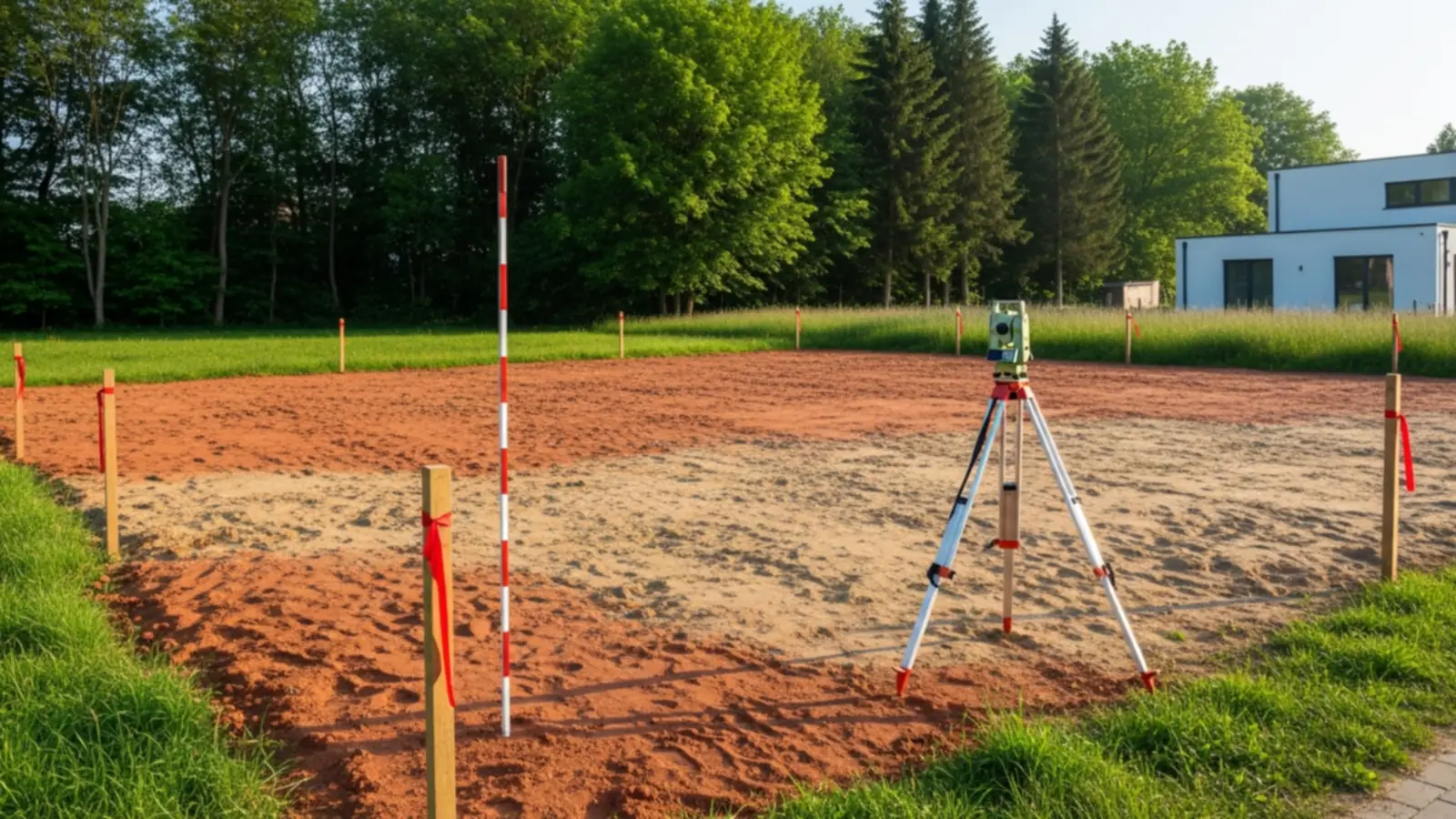 Sonniges, baureifes Grundstück mit klarem Bewuchs und Vermessungspflöcken in Mitteldeutschland
